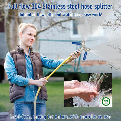 Garden Hose Splitter 2 Way, Heavy Duty Brass Y Valve Water Hose Splitter With Stainless Steel Long Handle Outdoor Full Flow Hose Splitter Connector,Y Valve 3/4 Inch GHT Thread