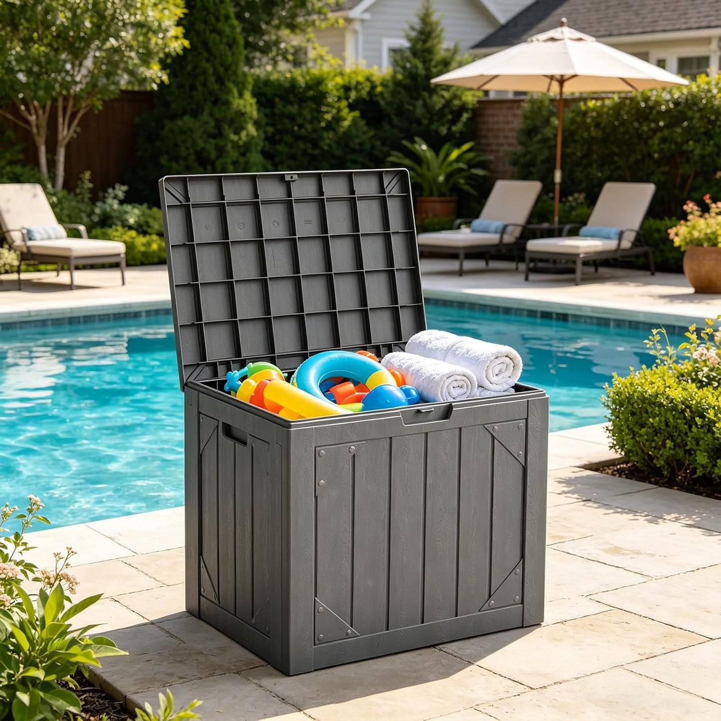 Outdoor Storage Box, 98 Gallon Deck Box, Outdoor Storage Bench, Waterproof Resin Storage Bench with Lockable Lid, Patio Furniture Cushions & Garden Tools Storage, UV Resistant (Black)