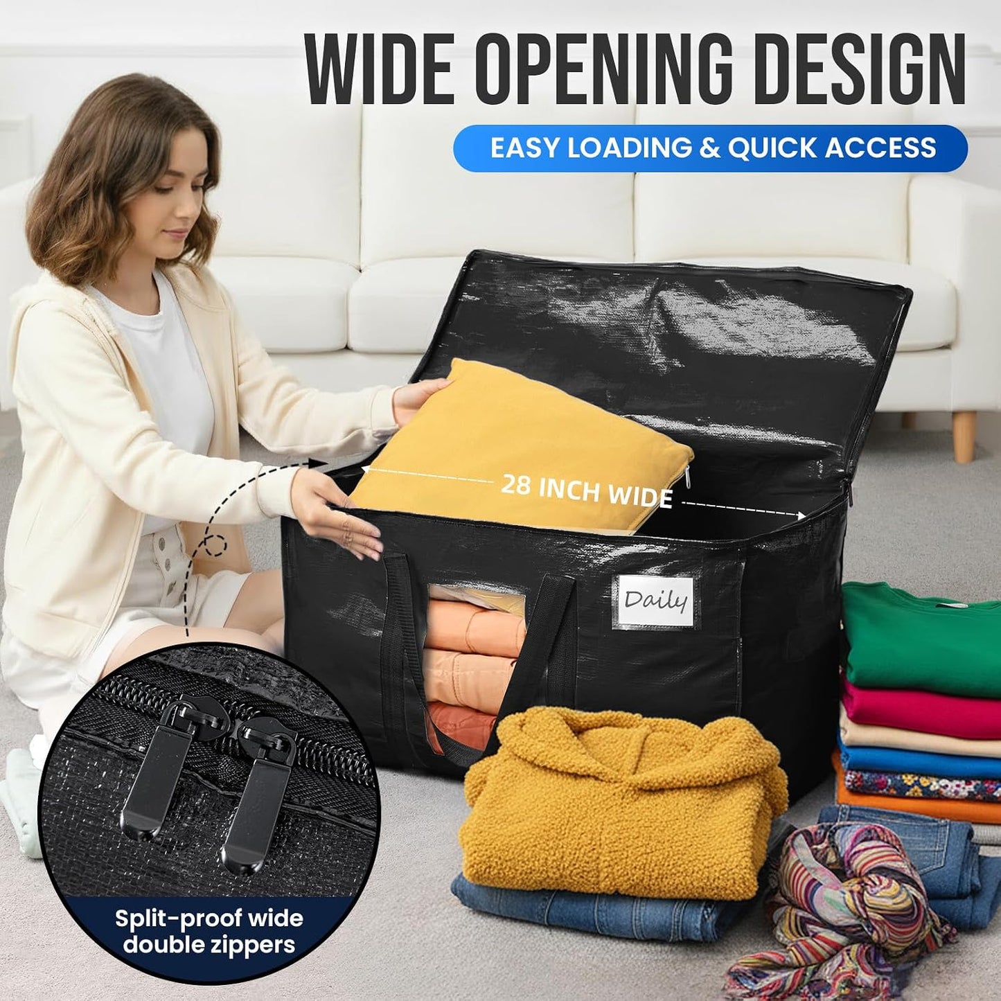 TAILI Extra Large Moving Bags, 4 Pack Blue Heavy Duty Totes For Storage with Visible Window, Wrap Around Handles, Storage Bags for Space Saving, Alternative to Moving Boxes