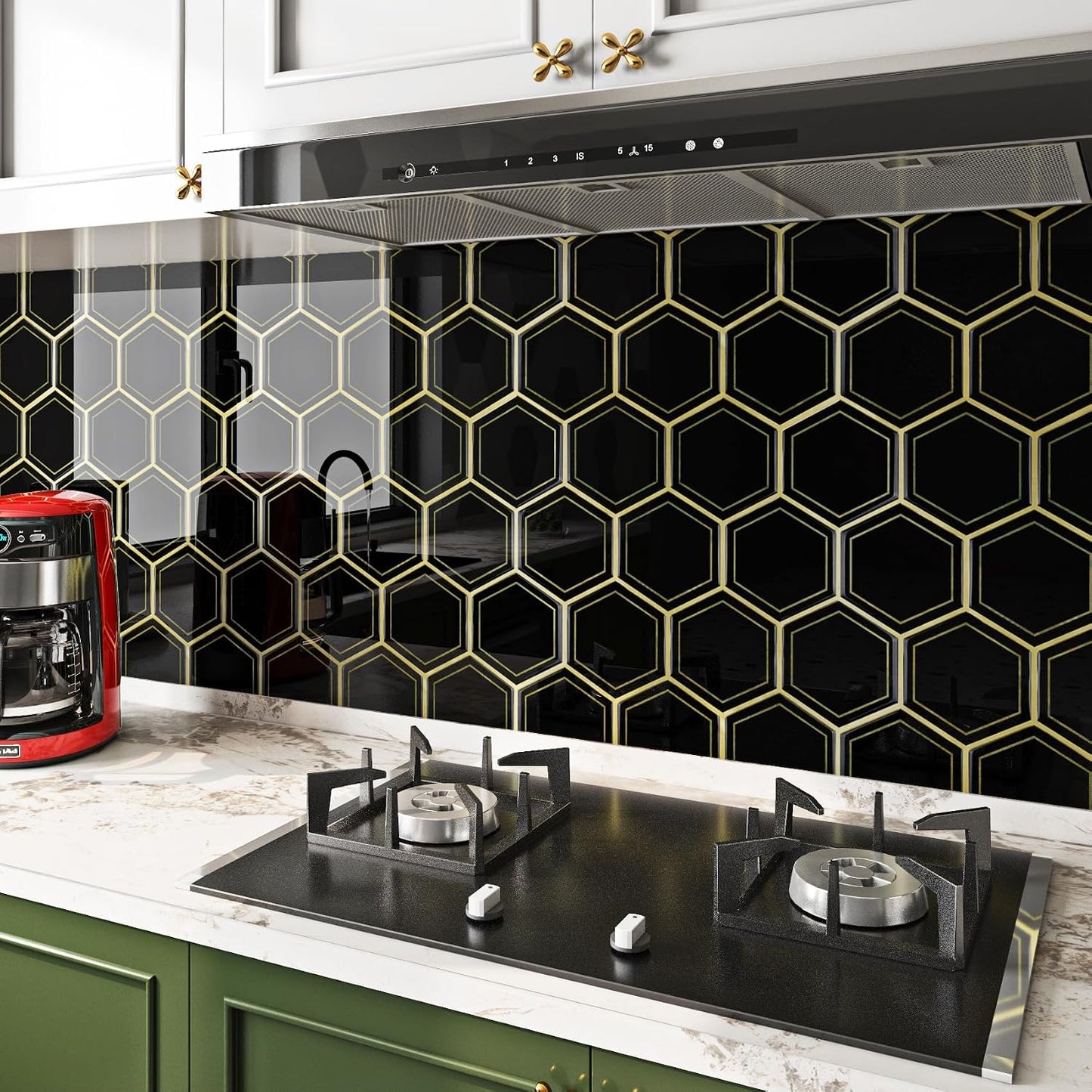 FunStick Dark Green Peel and Stick Backsplash Tile Stickers for Kitchen 12"x12" 3D Hexagon Self Adhesive Wall Tiles Peel and Stick Backsplash Stick on Tile for Bathroom Shower RV Waterproof 5 Sheets