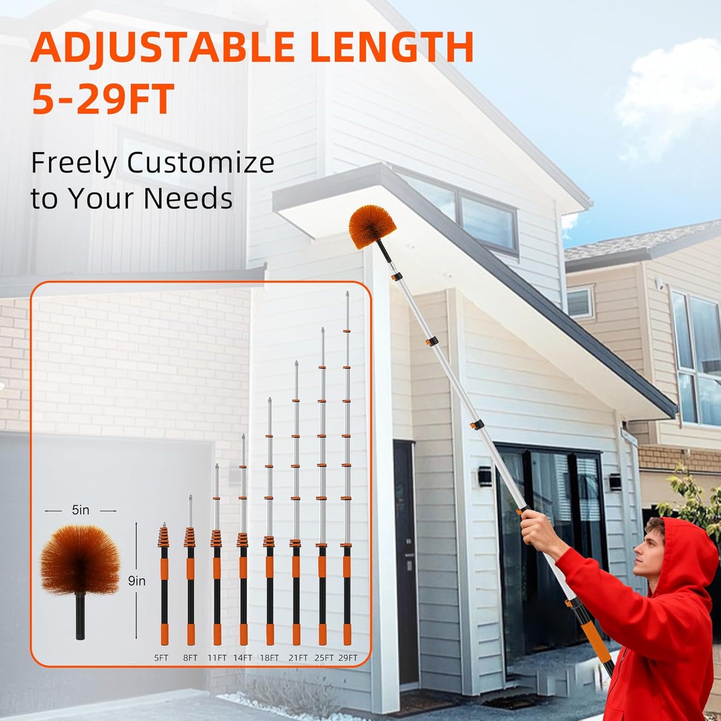 30 FT Reach Cobweb Duster with 5-24 FT Telescoping Pole, Dual Action Flip-Lock & Screw Fixing Design, Washable Reusable Duster for High Ceilings, Fans & Home Cleaning