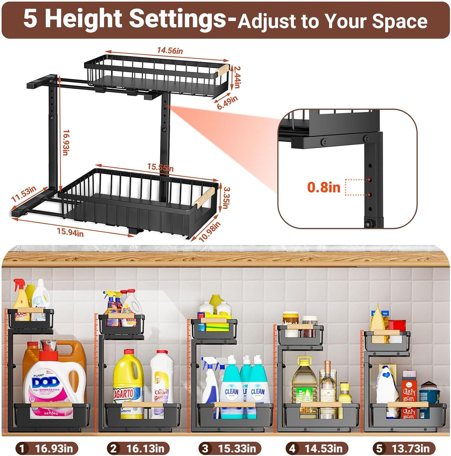 2 Pack Under Sink Organizer, 2 Tier Pull Out Cabinet Organizer with 5-Level Adjustable Height, Sliding Metal Storage Rack for Kitchen Bathroom Pantry, White