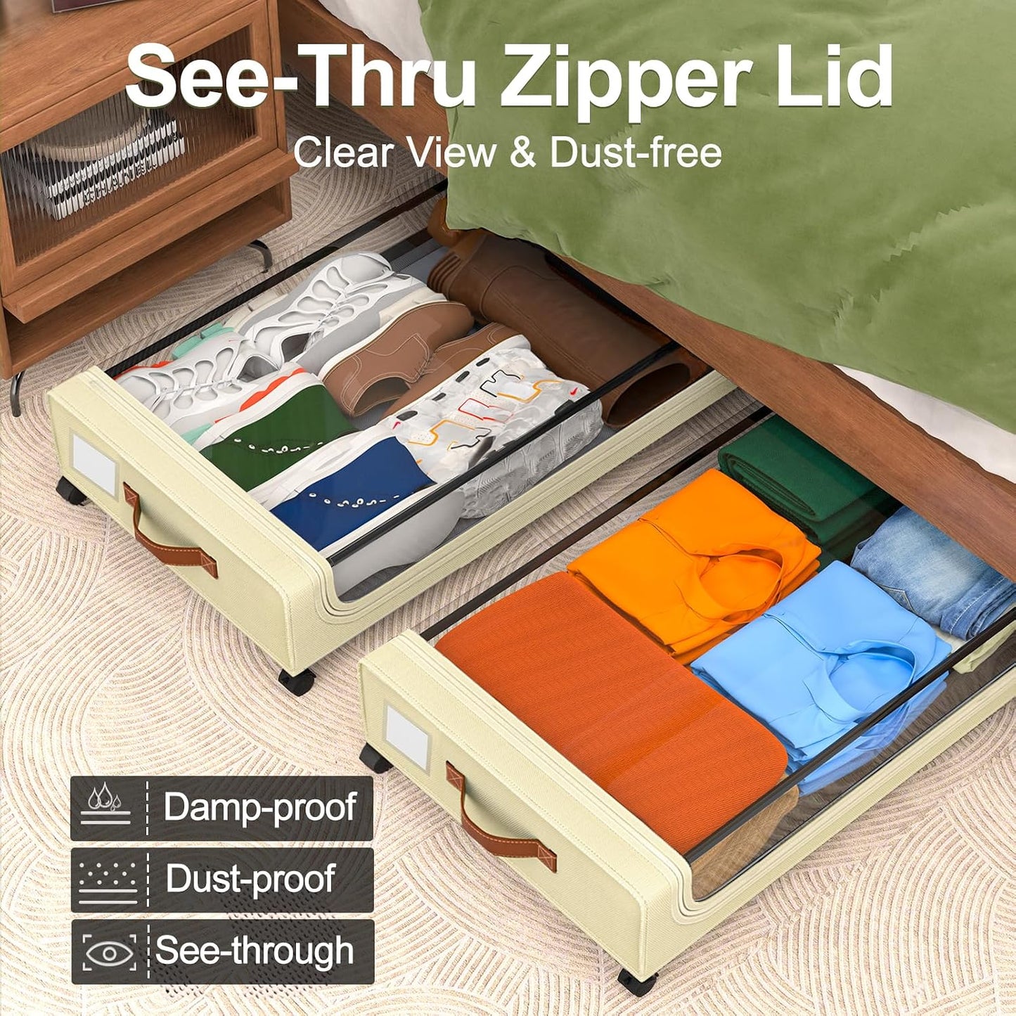GoMaihe Under Bed Storage with Wheels: 48L Underbed Storage Containers with Lids - Rolling Bins for Shoes Clothes in Dorm Bedroom - Metal Drawers Easy Pull-out Grey 2-Pack