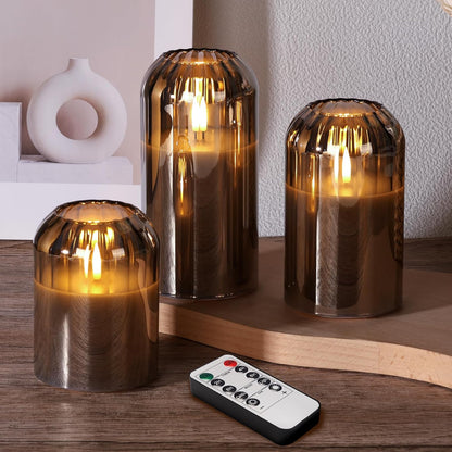 Grey Glass Flameless Pillar Candles with Remote, Flickering Battery LED Candles Table Decor Gift Set of 3