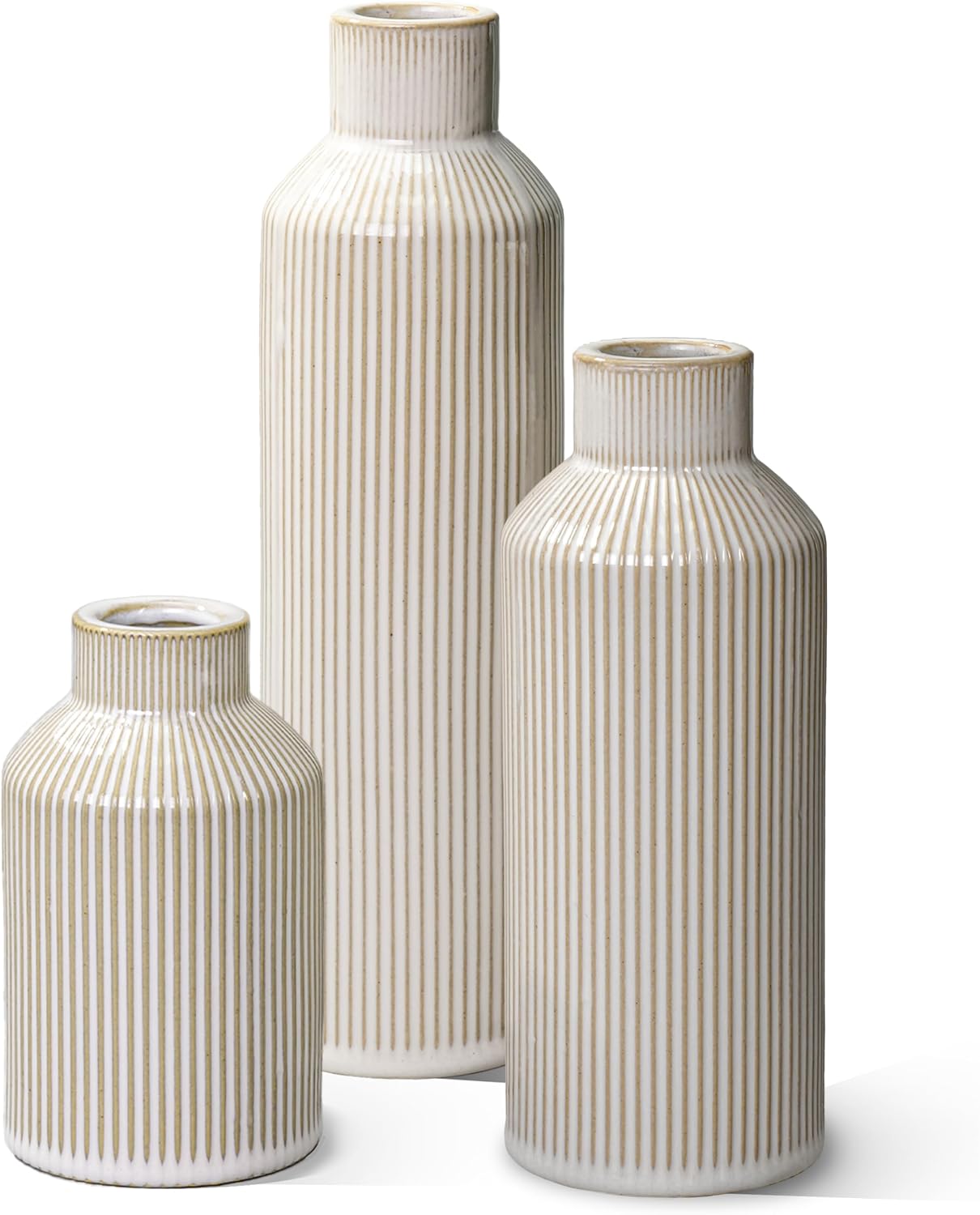 Brown Ceramic Vase Set of 3 - Rustic Farmhouse Vases for Centerpieces Small Modern Decorative Vase for Flower Kitchen Bathroom Bedroom Living Room Shelf Home Decor