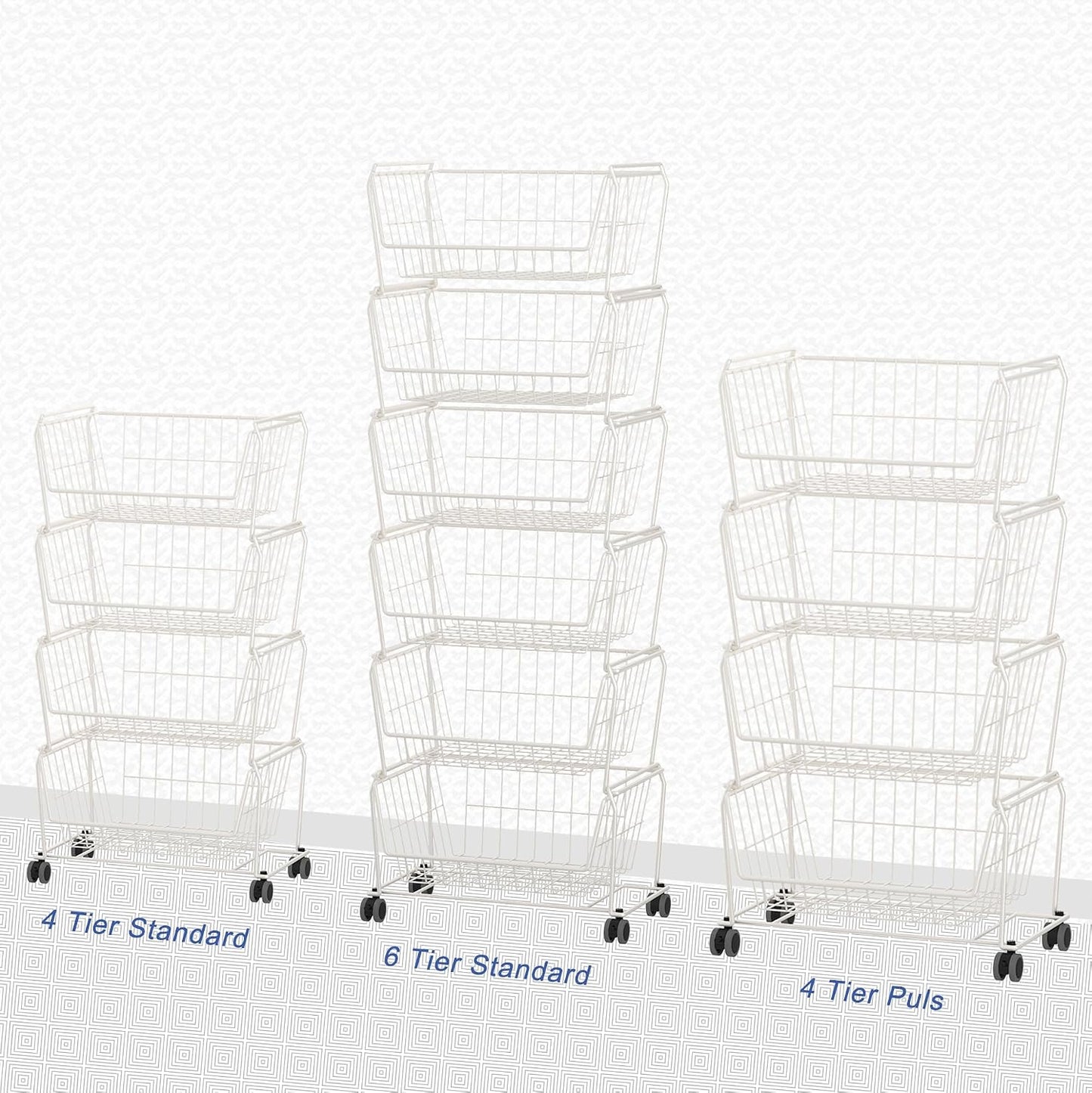 PUSDON 6-Tier Tall Stackable Wire Storage Baskets with Wheels, Vertical Metal Rolling Utility Cart, High Capacity Produce Basket for Kitchen Pantry, Snack Organizer, Matte Black