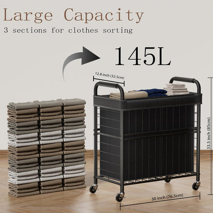 Laundry Hamper 3 Section, 145L Rolling Laundry Sorter Basket with Wheels, 3 Compartment Clothes Organizer Cart, Pull-Out Removable Bags for Laundry Room, Bathroom, Bedroom, White
