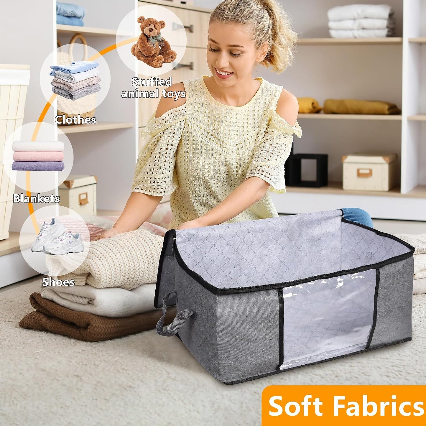 3 Pack Storage Bags, 45L Foldable Clothes Storage Bins with Lids, Closet Organizers Blanket Storage Bags with Zippers Clear Window Sturdy Handles for Clothing Bedding Comforter Sweater Pillows (Gray)