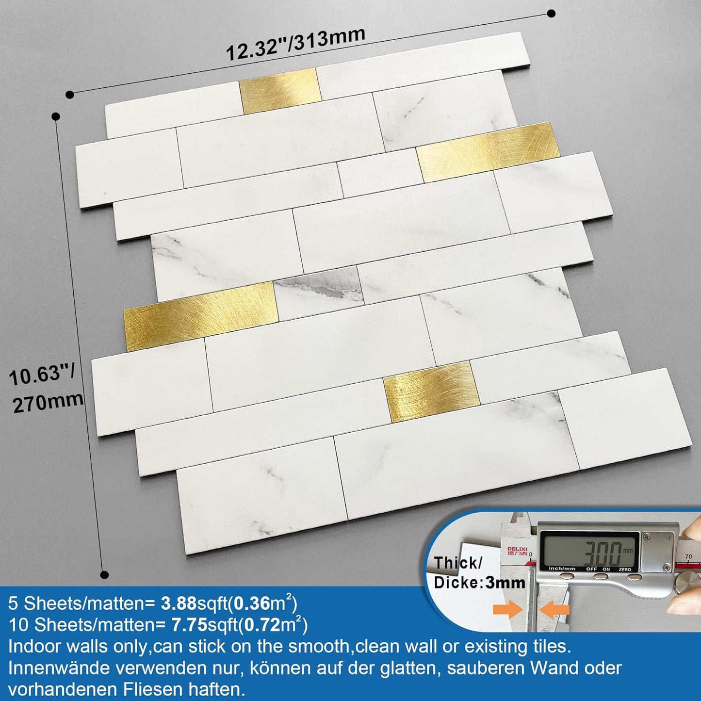 MOFIT Backsplash Tile for Kitchen Peel and Stick Stone Matte Finish,Bathroom Tiles Stickers 3D Wall Panel Linear Mosaic Marble Backsplash Waterproof(10sheets,Blue Green Gray)