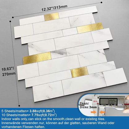 MOFIT Backsplash Tile for Kitchen Peel and Stick Stone Matte Finish,Bathroom Tiles Stickers 3D Wall Panel Linear Mosaic Marble Backsplash Waterproof(10sheets,Blue Green Gray)