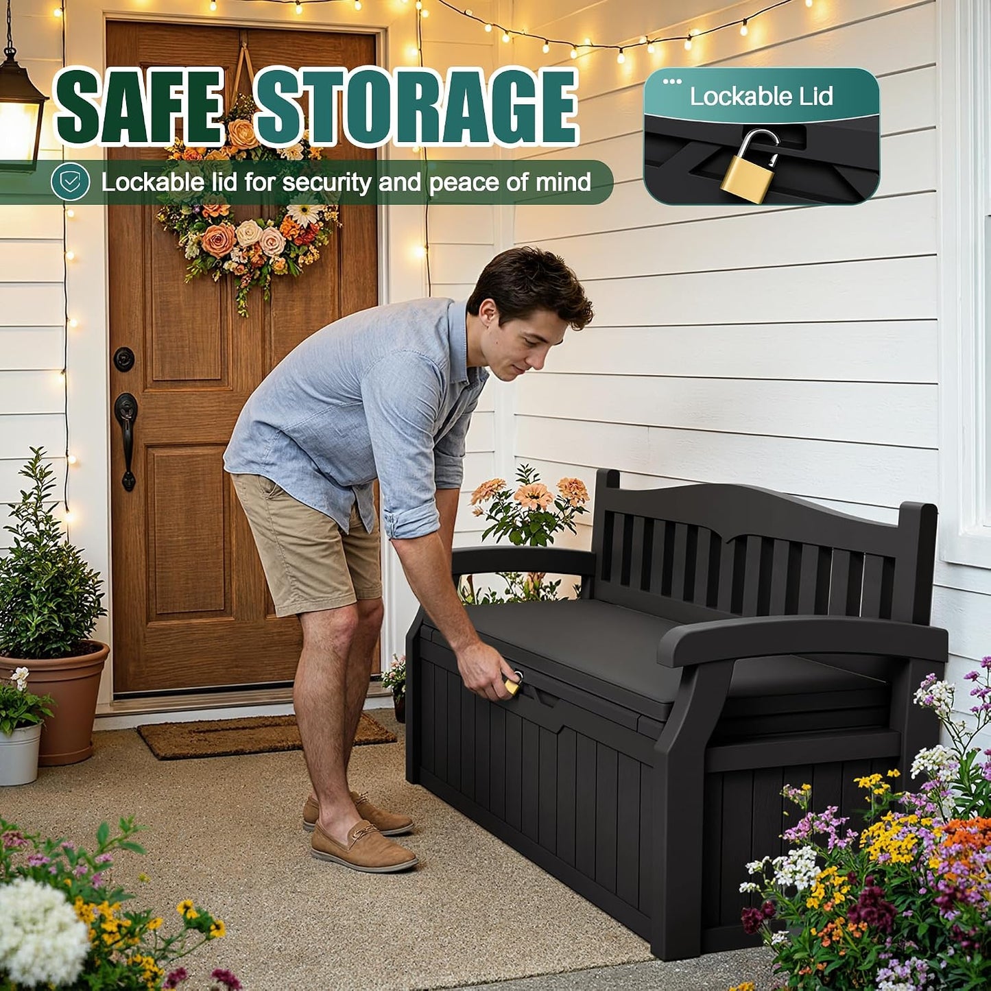 Devoko 80 Gallon Storage Bench Deck Box Lockable for Patio Furniture, Garden Decor and Outdoor Seating for Cushions, Garden Tools and Pool Supplies (Black)