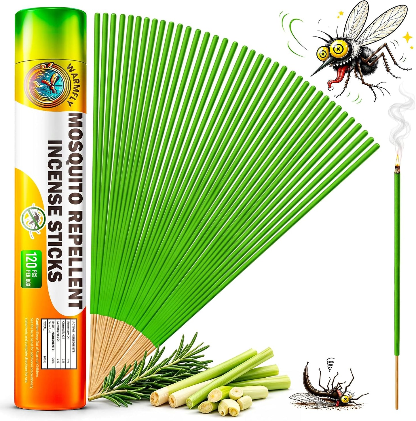Mosquito Repellent Outdoor Patio (120 PCS), Plant-Based Incense Sticks with Rosemary, Lemongrass & Citronella for Camping Essentials, Hiking, Yard