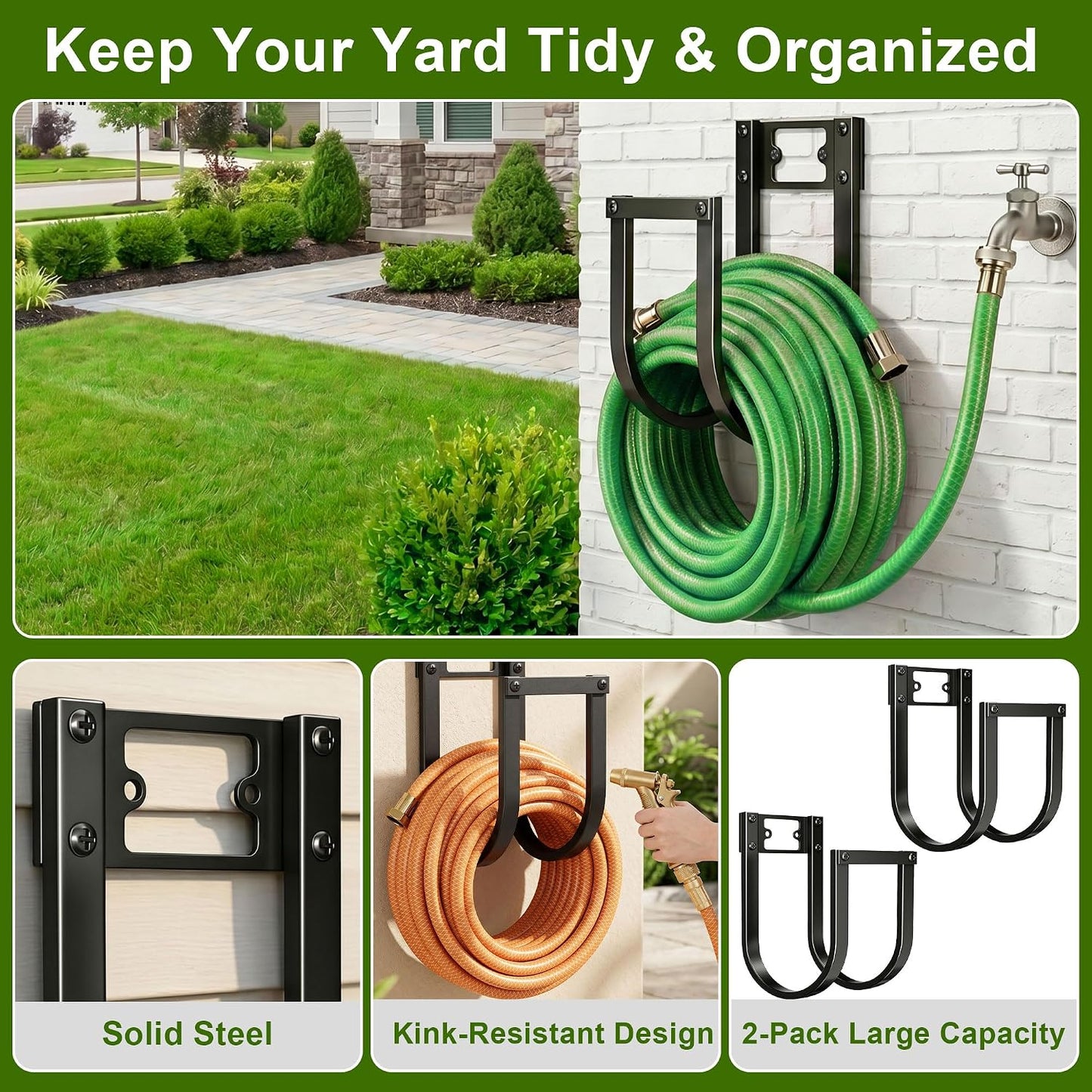 Garden Hose Holder Wall Mount - Heavy Duty Water Hose Holders for Outside, Detachable Garden Hose Hanger Holds 100 Ft, Metal Water Hose Storage for Garden Garage or Yard