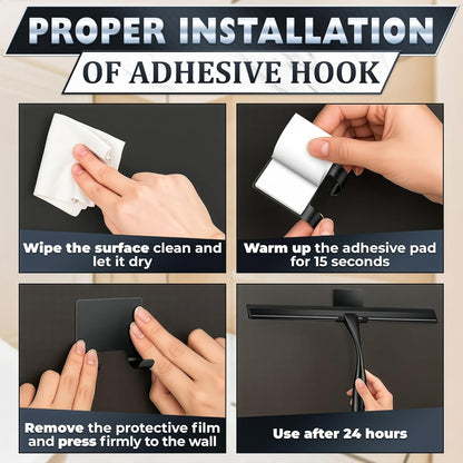 Shower Door Squeegee with Adhesive & Hanging Hooks, 12" Silicone Blade - Stainless Steel All-Purpose Squeegee for Shower Glass, Bathroom Mirror Cleaner Tool Suitable for Tile Walls - Multi-Surface Use