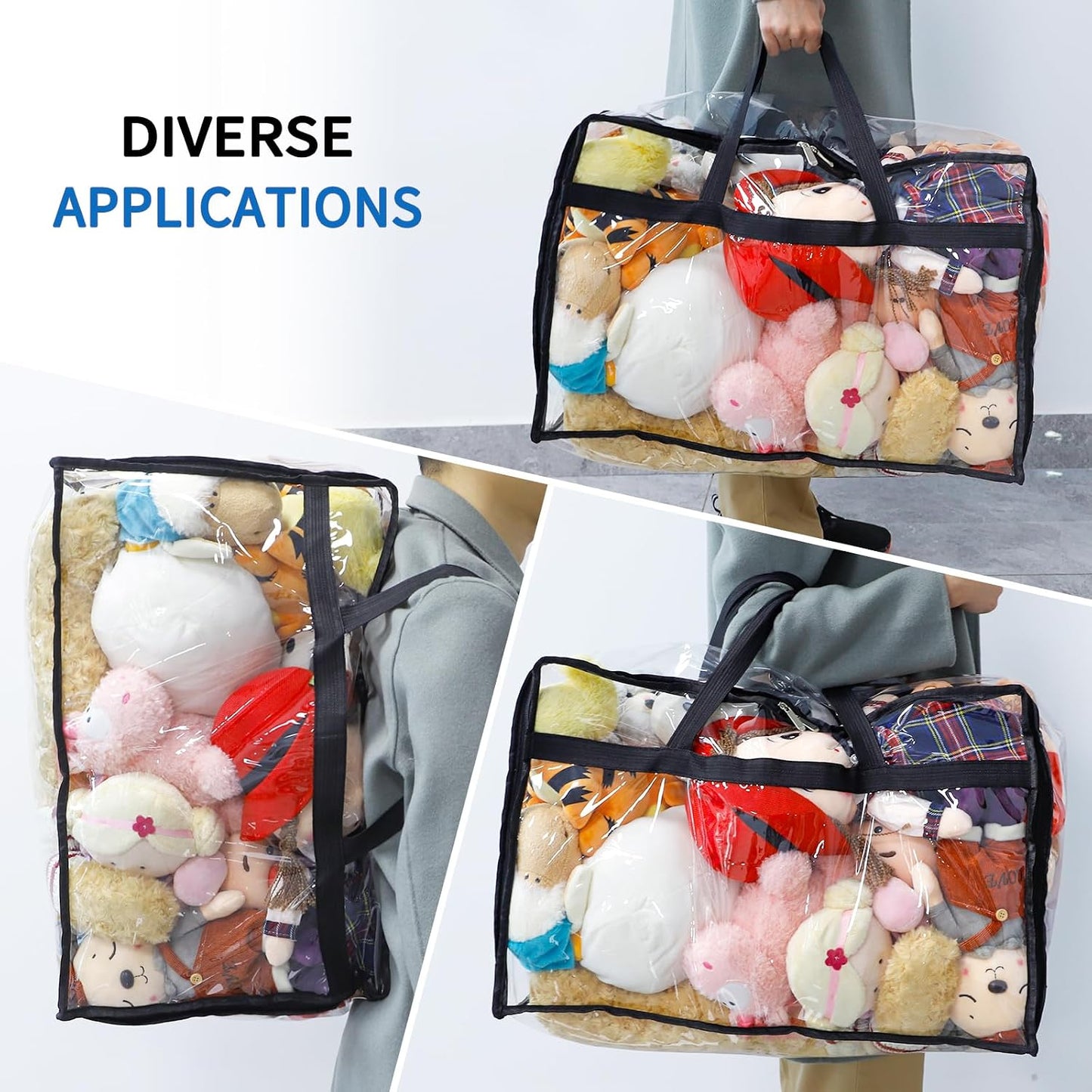SGHUO Blanket Storage Bags 60L Extra Large Plastic Vinyl Clear Storage Bag for Clothes, Comforter, Bedding, Moving Bags with Zipper and Reinforced Handle (4pcs)