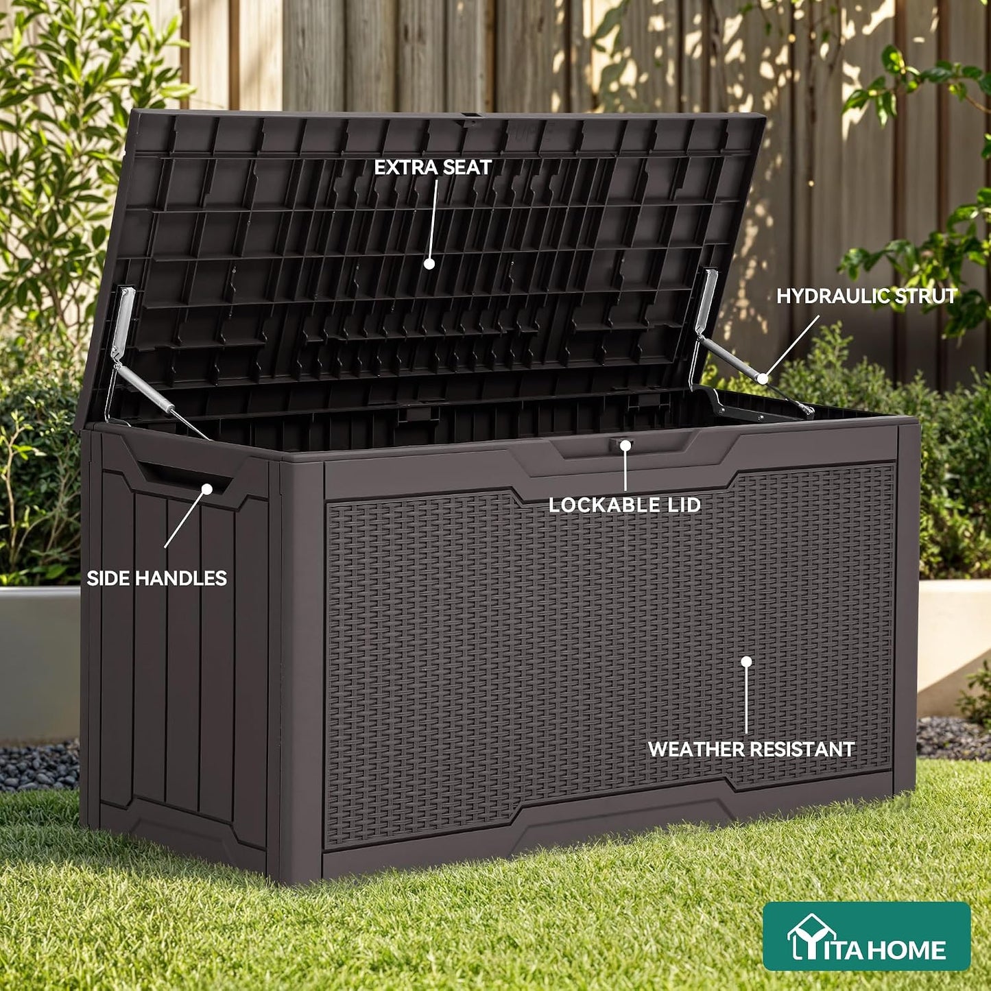 YITAHOME 100 Gallon Large Outdoor Deck Box | Waterproof Resin Storage Box, Lockable Indoor Outdoor Storage Container for Patio Furniture Cushions, Pool Accessories
