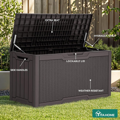 YITAHOME 100 Gallon Large Outdoor Deck Box | Waterproof Resin Storage Box, Lockable Indoor Outdoor Storage Container for Patio Furniture Cushions, Pool Accessories
