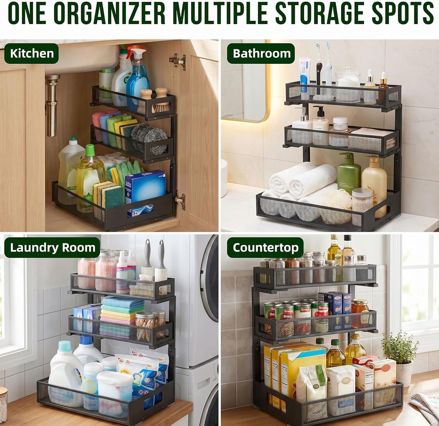 3 Tier Under Sink Organizer,2 Pack Pull Out Cabinet Shelves with Adjustable Height,Heavy Duty Carbon Steel L-Shaped Storage for Kitchen Bathroom Sink,Pantry & Laundry,White