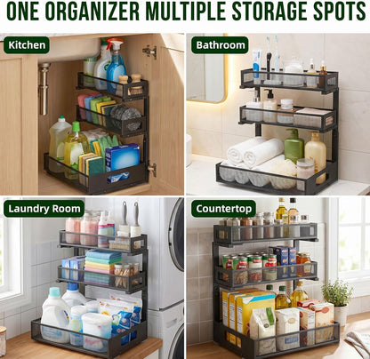 3 Tier Under Sink Organizer,2 Pack Pull Out Cabinet Shelves with Adjustable Height,Heavy Duty Carbon Steel L-Shaped Storage for Kitchen Bathroom Sink,Pantry & Laundry,White