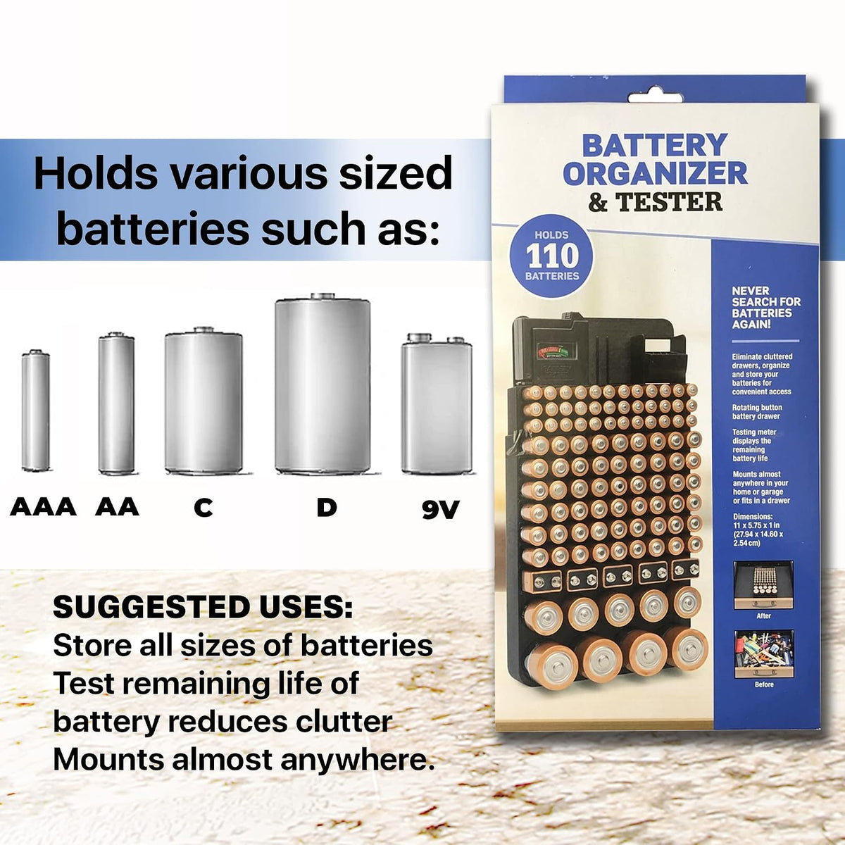 Parker & Bailey Battery Organizer and Tester - Storage Organizer Holder Container Holds 110 Batteries Compatible with AAA Batteries AA, D, C, 9, V