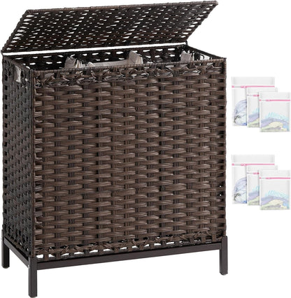 SETVSON Laundry Hamper with Lid 132 L, (35 Gallons) Clothes Hamper with Lid, Handwoven Rattan Laundry Hamper with Metal Heightened Feet, Laundry Hampers with 3 Removable Liner Bags for Laundry-Natural