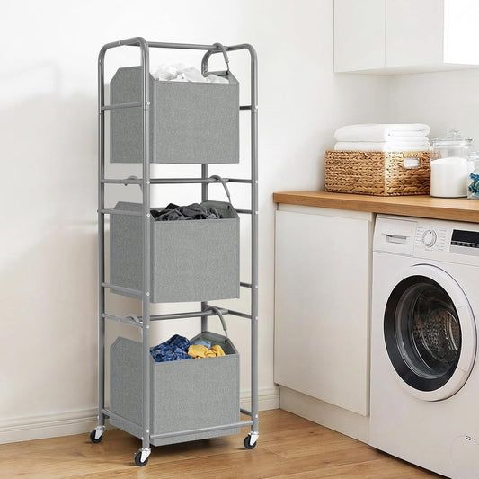 150L 3-Tier Vertical Laundry Hamper Sorter with Water-Resistant Removable Bag, Rolling Laundry Cart with Wheels & Brakes for Apartment, Dorm, Bathroom, Laundry Room, Grey