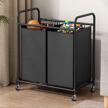 SUOERNUO Laundry Sorter Basket 2 Bag Laundry Hamper Cart with Rolling Lockable Wheels and Removable Bags Laundry Organizer Cart for Clothes Storage, Assorted
