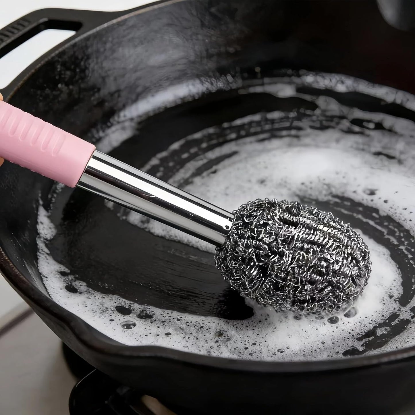 2PCS Steel Wool Scrubber with Handle Rustproof, Cast Iron Scrubber, Stubborn Messes Pot Brush, Remove Dirt for Cleaning Stoves,Sinks Dishes Grills Bowls & Metal Wire Sponge for Kitchens