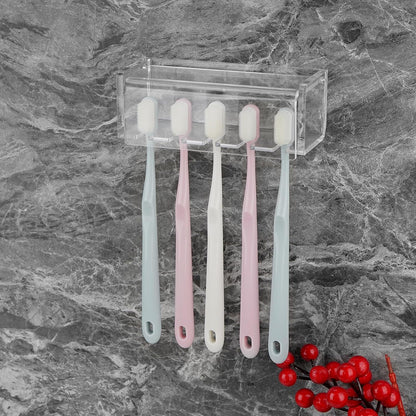 5 Slots Wall Mount Toothbrush Holder with Cover, Self Adhesive Toothbrush Storage Organizer for Shower, Toothbrush Hanger with Automatic Toothpaste Squeezer Dispenser