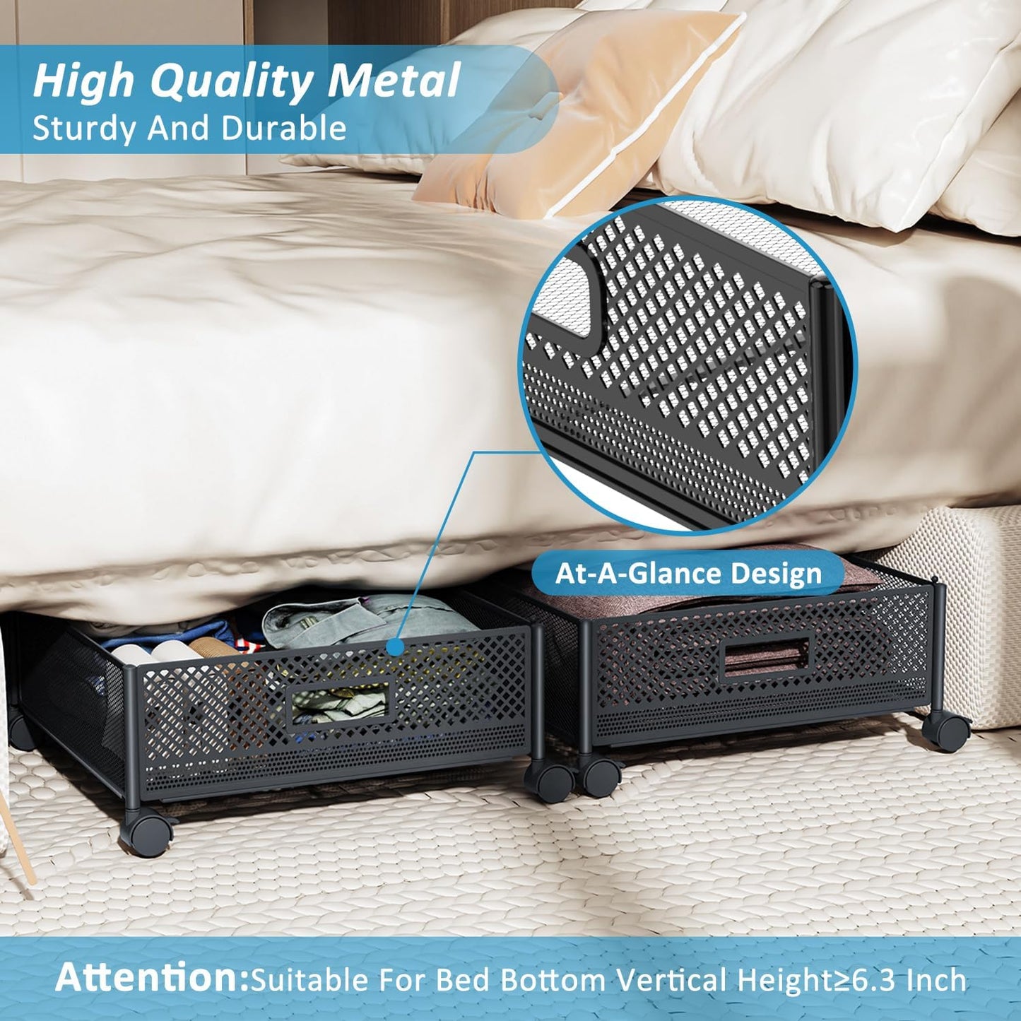 47.2'' Long Under Bed Storage on Wheels, 57.6L Large Capacity Rolling Under the Bed Storage Containers, Tool-Free Assembly Foldable Underbed Shoes Clothes Toy Drawers