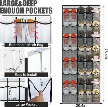 Windyun 40 Over The Door Shoe Organizer, Large Mesh Pocket Hanging Shoe Rack Hanger Large Capacity Gray Behind The Door Storage Holder for Dorm College Closet Entryway Bedroom Utility Room Women Men