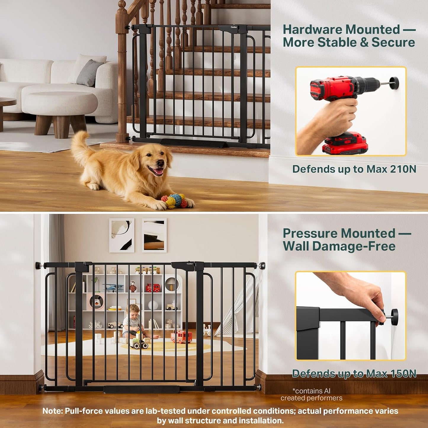 Cumbor 29.7-48" Baby Gate for Stairs, Mom's Choice Awards Winner-Dog Gate for Doorways, Auto Close Safety Pet Gate for Dogs Indoor, Easy Install Pressure Mounted Child Gate with Walk Thru Door, Brown