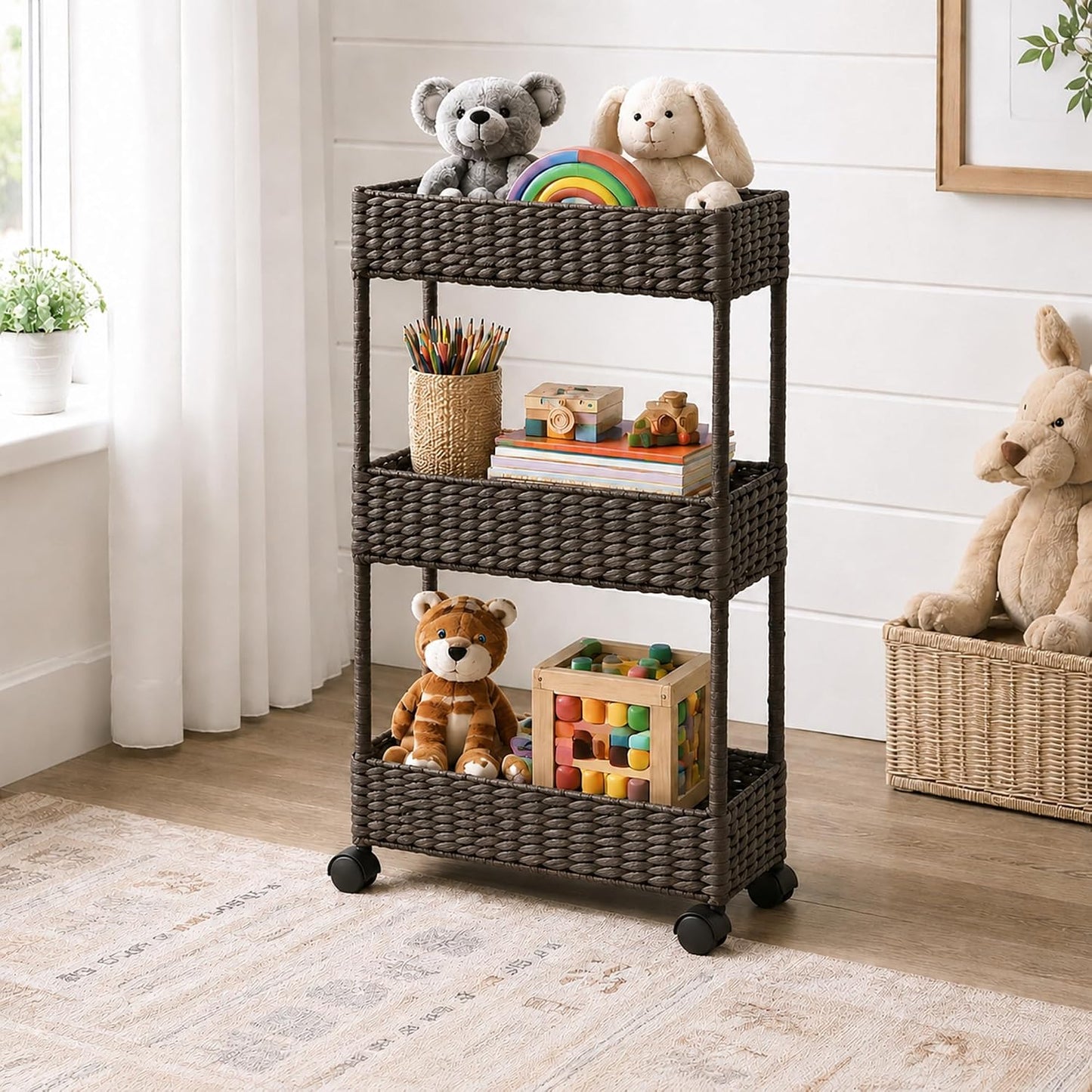 Casafield 3-Tier Rolling Storage Cart - Natural, Water Hyacinth Nursery Caddy, Utility Cart for Bathroom, Craft Room, Laundry Room Organization