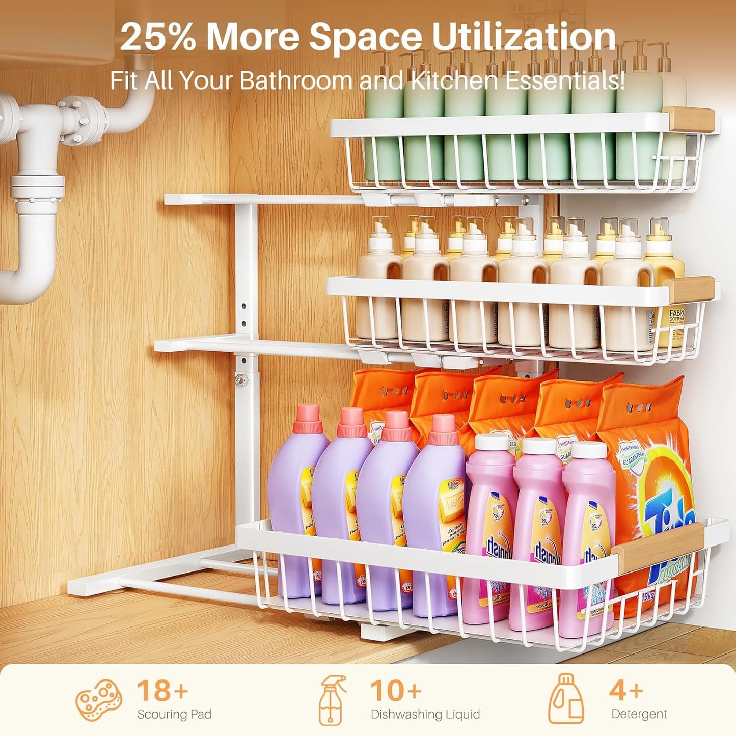 PXRACK Under Sink Organizer, 3-Tier 2-Pack Adjustable Height Pull Out Under Cabinet Organizer, Slide Out Thickened Metal Under Sink Storage for Kitchen Bathroom Laundry Pantry Organization, Black