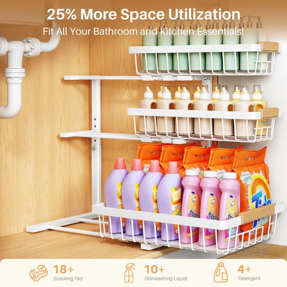PXRACK Under Sink Organizer, 3-Tier 2-Pack Adjustable Height Pull Out Under Cabinet Organizer, Slide Out Thickened Metal Under Sink Storage for Kitchen Bathroom Laundry Pantry Organization, Black