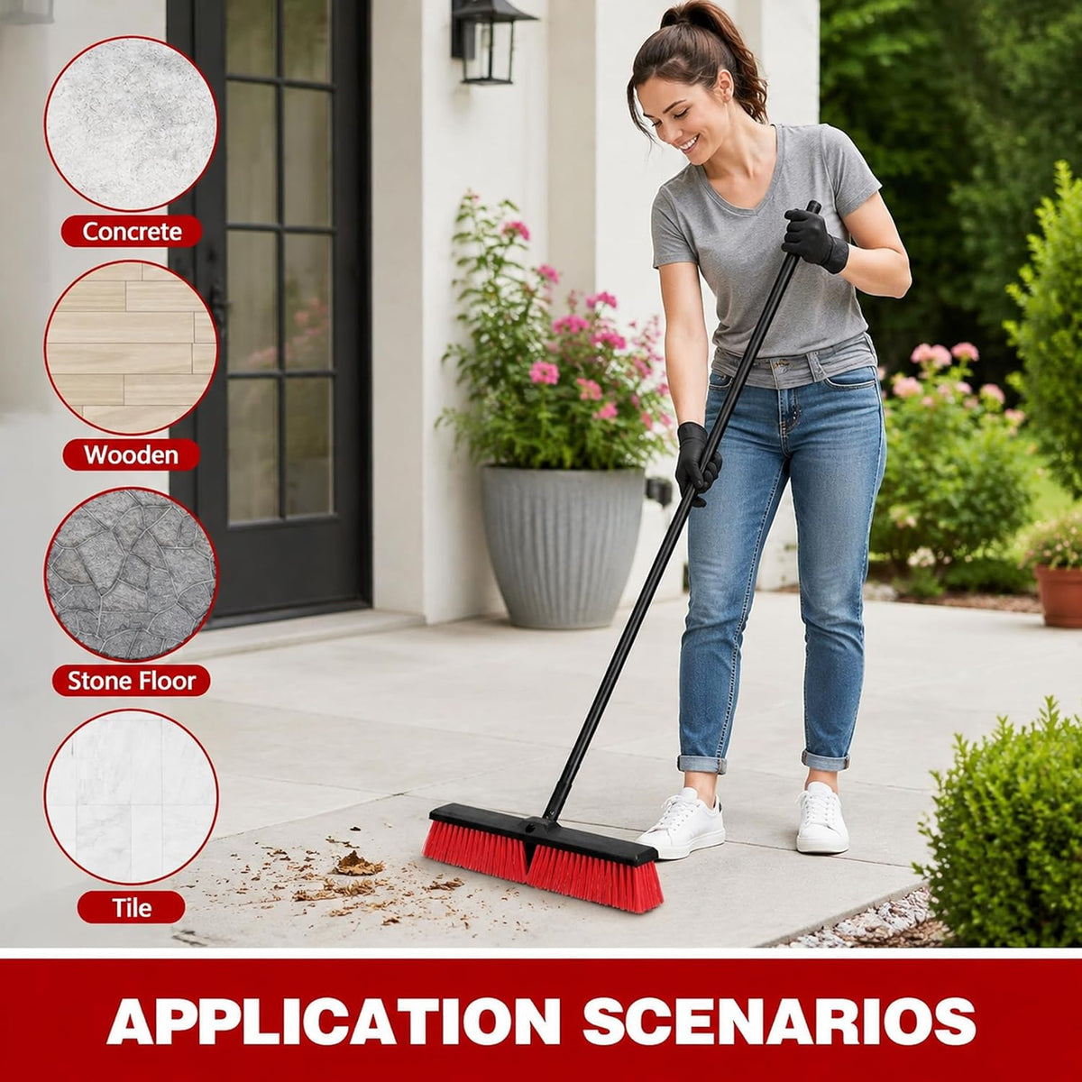 24" Outdoor Push Broom with 65" Extendable Pole, Heavy Duty Stiff Bristle for Floor Cleaning, Patio, Deck, Driveway, Garage, Yard, Warehouse Sweeping (Red, 18" Brush Head)