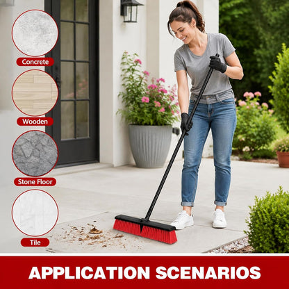 24" Outdoor Push Broom with 65" Extendable Pole, Heavy Duty Stiff Bristle for Floor Cleaning, Patio, Deck, Driveway, Garage, Yard, Warehouse Sweeping (Red, 18" Brush Head)