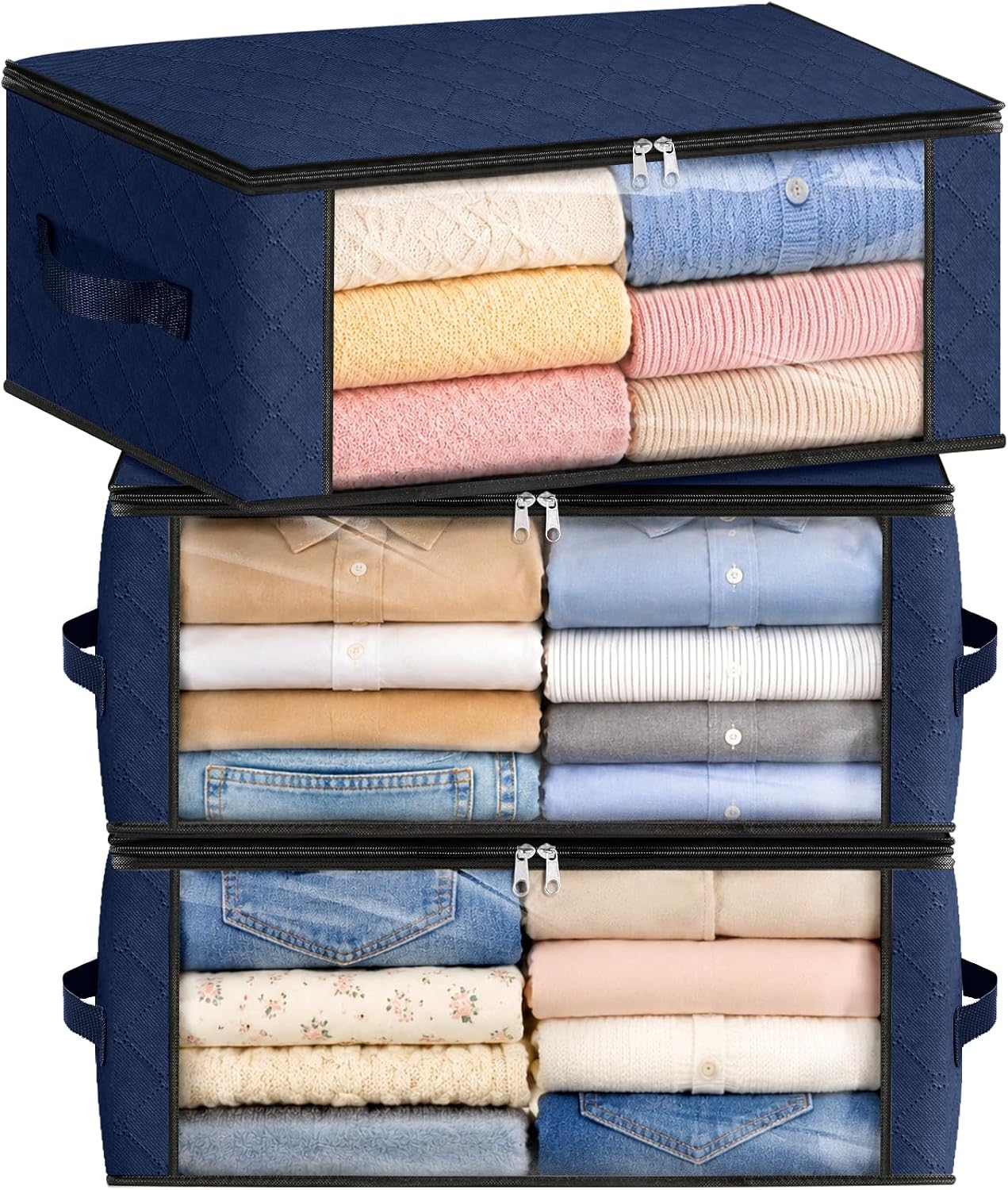 Fab totes 6 Pack Storage Bags for Clothes and Blanket, Foldable Closet Organizers and Storage with Zippers, Clear Window and Handles, Fabric Storage Bins for Sweater, Comforter, Bedding,Linen Sheets