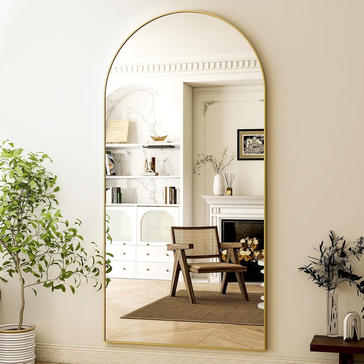 HARRITPURE 64"x21" Arched Full Length Mirror Free Standing Leaning Hanging Mounted Mirror Aluminum Frame Modern Simple Home Decor for Living Room Bedroom Cloakroom, Gold