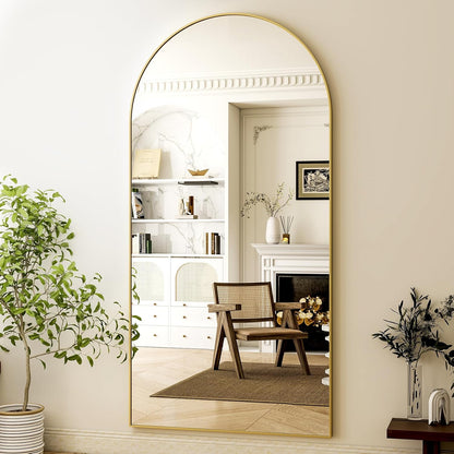 HARRITPURE 64"x21" Arched Full Length Mirror Free Standing Leaning Hanging Mounted Mirror Aluminum Frame Modern Simple Home Decor for Living Room Bedroom Cloakroom, Gold