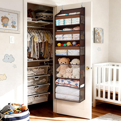 5 Tiers Over the Door Organizer with 10 Mesh Side Pockets, 44 lbs Weight Capacity Closet Hanging Storage Organizer with Large Clear Window Kids Toys, Shoes, Diapers, Beige