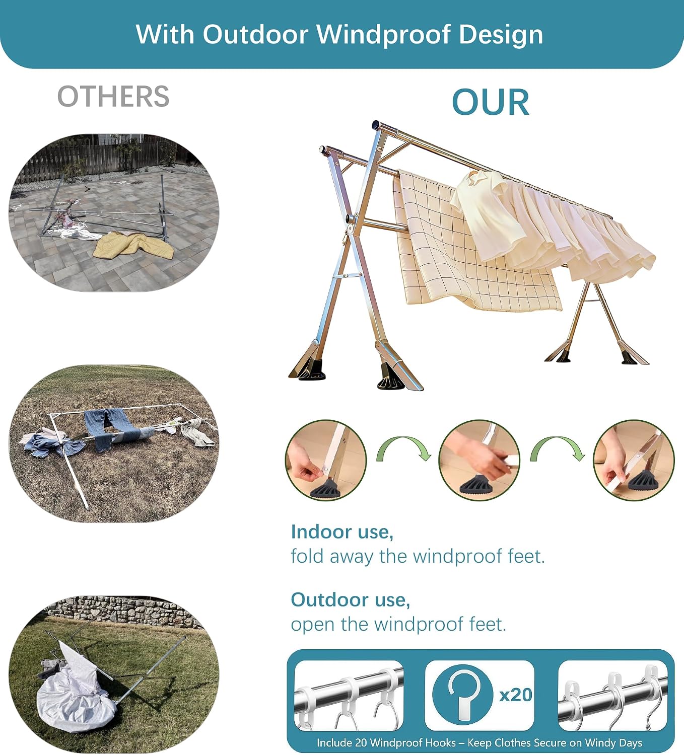 95 Inch Windproof Clothes Drying Rack, Heavy Duty Stainless Steel Folding Laundry Drying Rack for Indoor Outdoor Use, Collapsible Clothes Rack with 20 Hooks & 12 Clips