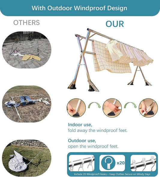 95 Inch Windproof Clothes Drying Rack, Heavy Duty Stainless Steel Folding Laundry Drying Rack for Indoor Outdoor Use, Collapsible Clothes Rack with 20 Hooks & 12 Clips