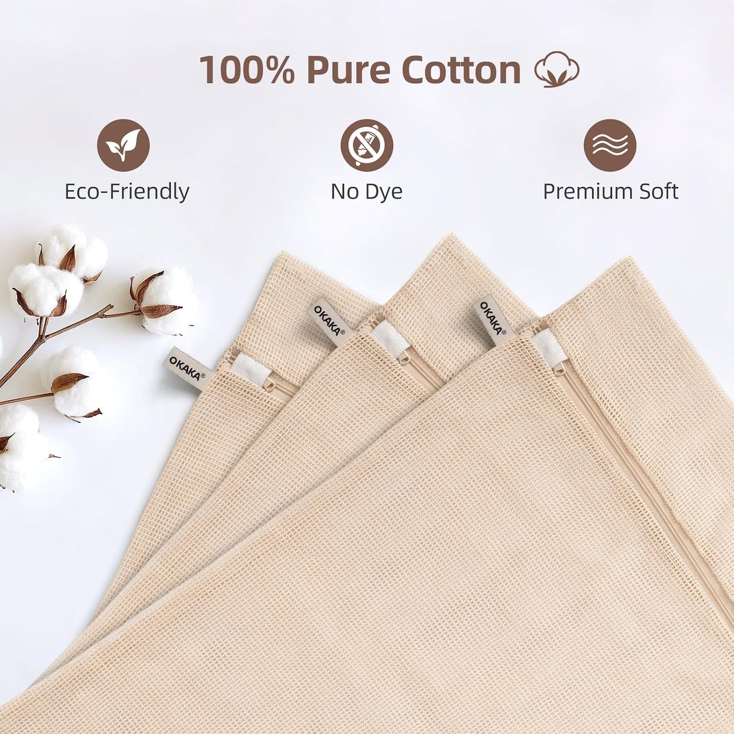 100% Cotton Mesh Laundry Bags, Premium Soft, No Dye, Set of 4, Natural