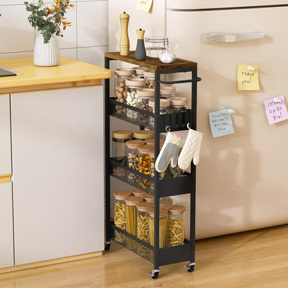 Vincona 7.1" Wide Slim Storage Cart on Wheels, 4 Tier Metal Narrow Rolling Cart with Handle and Wood Top, Multifunctional Small Mobile Shelf Unit Organizer Trolley for Laundry, Bathroom, Kitchen