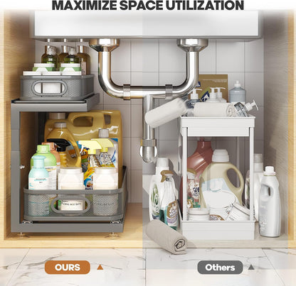 2-Pack Under Sink Storage Organizer with 2-Tier Slide Out Drawer, Sophisticated Mesh Pull Out Shelf for Kitchen & Bathroom, Fits Small Items, Upgraded Arched Track for Smooth Gliding(Patented)