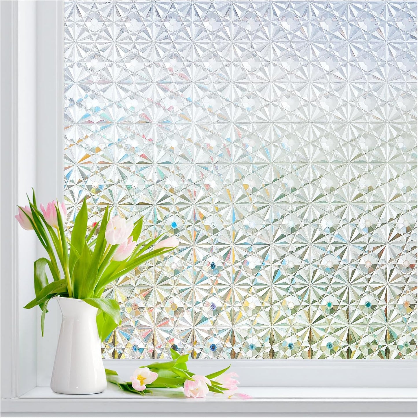 Windimiley 3D Diamond Frosted Window Privacy Film, Static Cling No-Glue Removable Vinyl, UV Blocking Heat Control for Bathroom Bedroom Door, 17.5 x 78.7 inch