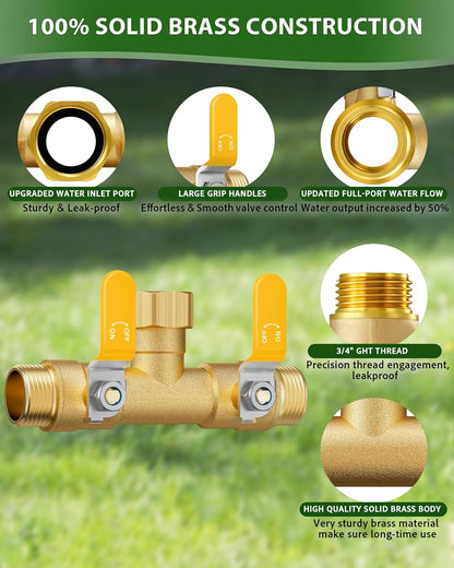 Hose Splitter 2 Way, Heavy Duty Brass Garden Hose Splitter, Water Hose Bib Spigot Splitter with 0.59" Full Flow Ball Valve Outlet & Shut-Off Valve 3/4'' Connector Outdoor Water Faucet Adapter