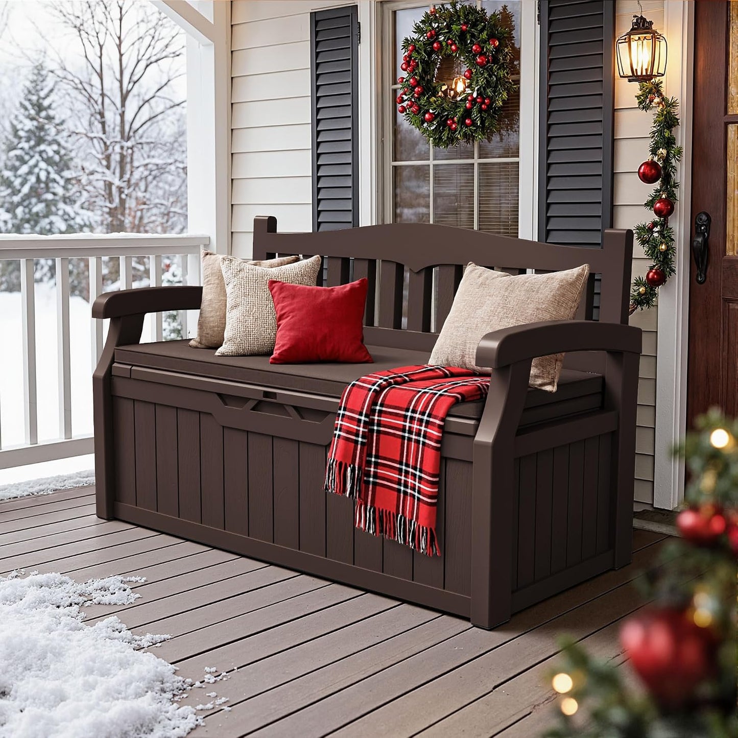 JUMMICO 80 Gallon Resin Outdoor Storage Bench, Large Deck Box with Armrest, Lockable&Waterproof for Garden, Home, Patio, Pools (Black, 80 Gallon)