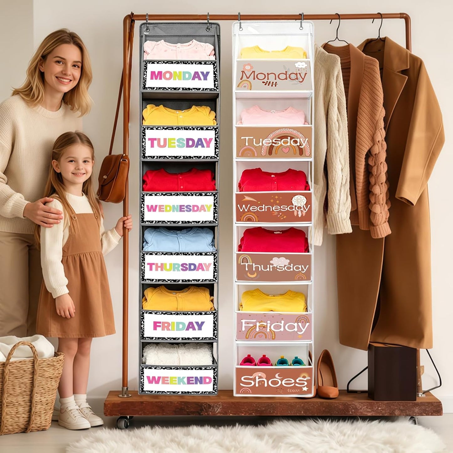 2 Pack Weekly Clothes Organizer for Kids, 6 Shelf Hanging Closet Organizer with Clear Window, Foldable Days of the Week Over the Door Outfit Organizer with Labels for Closet School